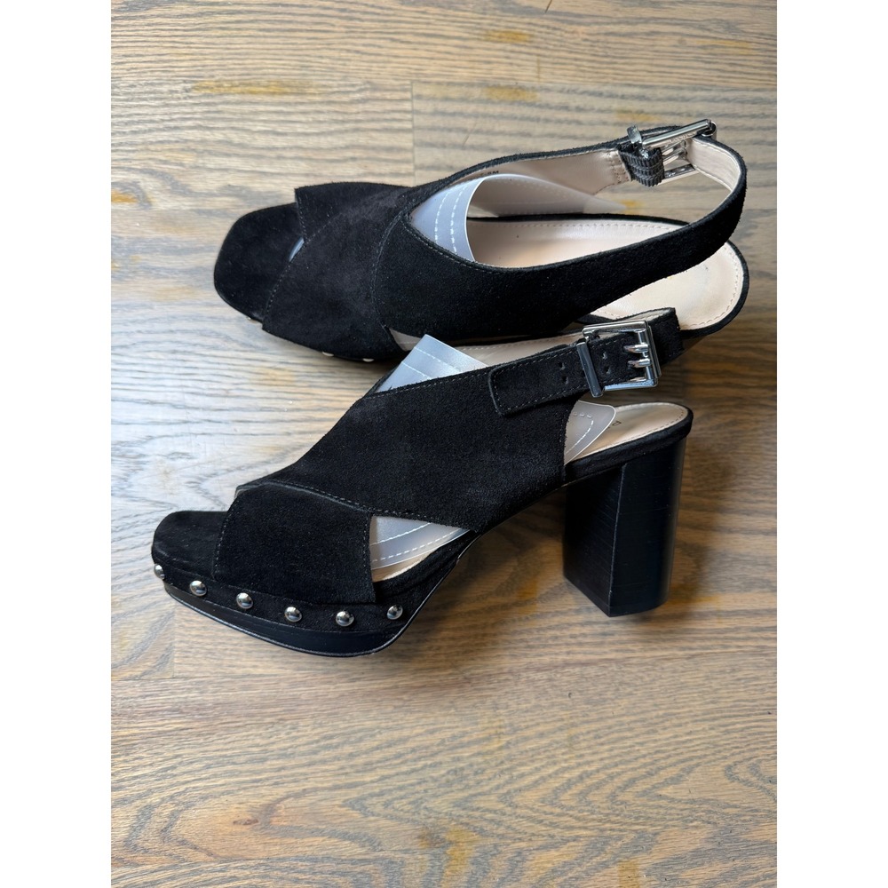 Pelle Moda Black Suede Studded Platform Block Heel Sandals Women 7.5M